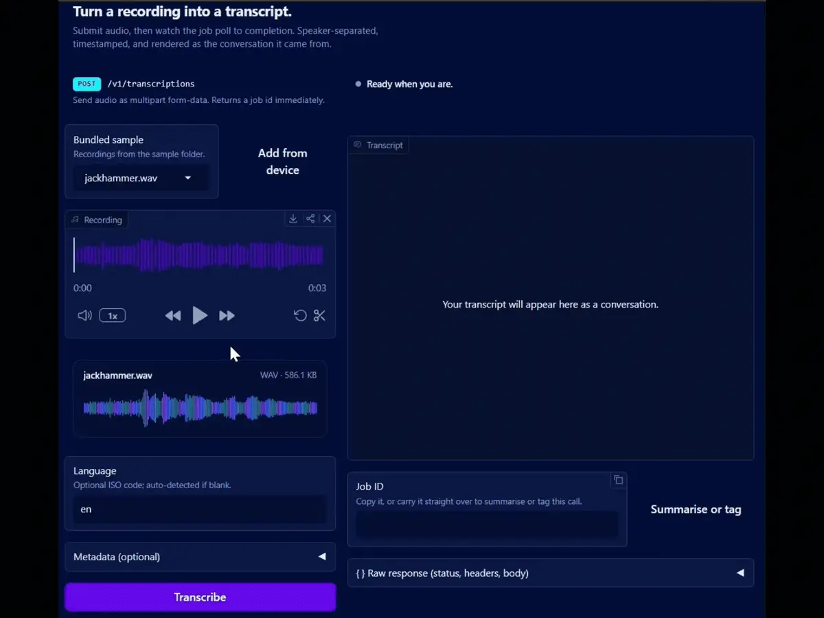 Screen recording of the Makimoto Playground loading the bundled jackhammer.wav sample and submitting it for transcription.