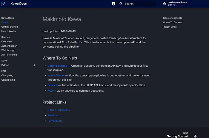 The Kawa documentation home page, with links to getting started, how it works, the service reference and the FAQ.