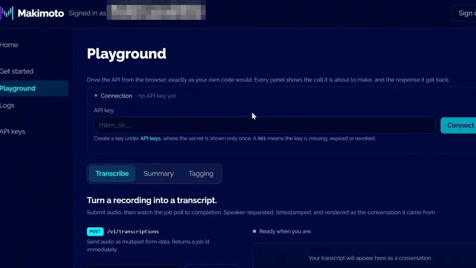 Screen recording of the Makimoto Playground: connecting with an API key, transcribing a sample call, then summarising and tagging it and reviewing the jobs in Logs.